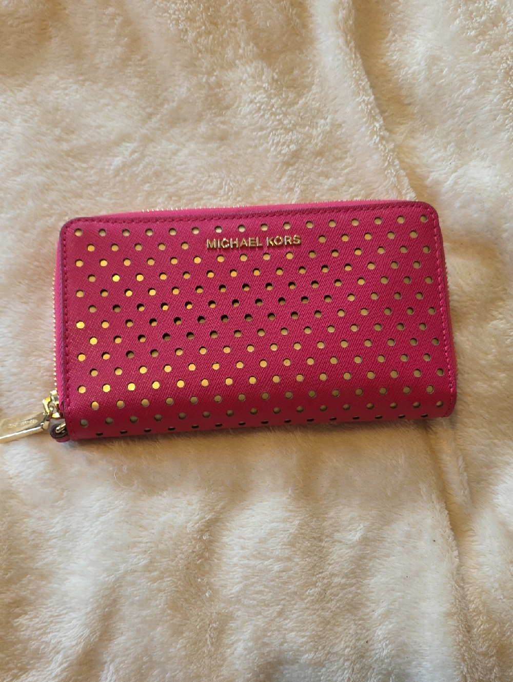 MICHAEL KORS Hot Pink Perforated Zip-Around Wallet with Gold Accents